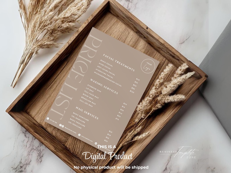 Minimalist Small Business Price List Template, Printable Beauty Salon Price Sheet,Editable Canva Template, Nail Service, 5x7 US Letter A4 A5