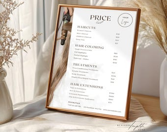 Hair Salon Price List Editable Template, Printable Hairstylist Flyer, Haircut, Treatment Service Pricing Sheet, Canva, 5x7, US Letter, A4 A5