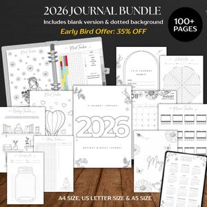 Könnte beinhalten: Ein 2026er Journal-Bundle mit über 100 Seiten, einschließlich leerer und gepunkteter Hintergrundversionen. Das Journal bietet verschiedene Vorlagen, darunter Stimmungstracker und Kalender. Das Bundle ist in den Größen A4, US Letter und A5 erhältlich. Der Text "Early Bird Offer: 35% OFF" ist ebenfalls enthalten.