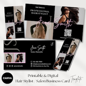 de Carte de visite de coiffeur | Carte de salon avec code QR | Conception de toile modifiable | carte de visite moderne avec photo | Carte de visite mobile numérique