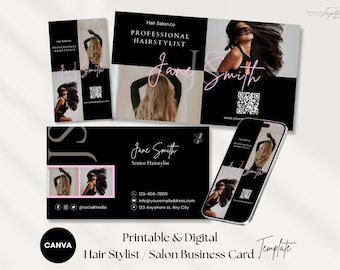Plantilla de tarjeta de presentación para salón de belleza y estilista / Tarjeta con código QR para peluquería, uñas y pestañas / Plantilla editable en Canva / Tarjeta de presentación digital con foto para móvil