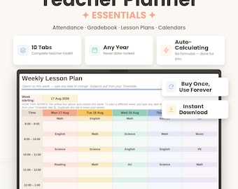 Planificador digital para profesores (Google Sheets), registro de calificaciones, asistencia y planificación de lecciones, seguimiento de calificaciones, planificador académico sin fecha (cualquier año).