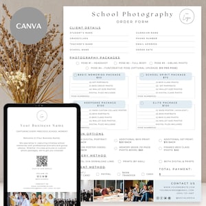 May include: A blue and white order form for school photography services. The form includes pricing for different photography packages, such as Basic Memories, School Spirit, Keepsake, and Elite. Additional options include digital portraits, framed prints, and memory books.