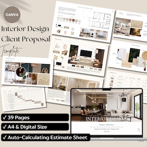 Modèle de proposition d'intégration de client en design d'intérieur | Guide de tarification des services et feuille de budget | Disposition des meubles | Présentation du tableau d'ambiance