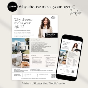 Puede incluir: Una plantilla de folleto de agente inmobiliario con el texto "¿Por qué elegirme como su agente?" y una foto de una mujer sonriente. El folleto incluye una lista de servicios ofrecidos y detalles para compradores y vendedores. Un smartphone muestra el folleto.