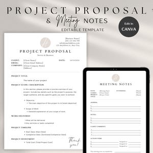 May include: A black and white printable template for a project proposal and meeting notes. The template includes sections for client information, project title, scope, description, work delivered, project timeline, project investment, date, meeting notes, agenda, notes, client comments, and action items. The template is editable in Canva.