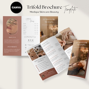 Plantilla de folleto tríptico de belleza y cuidado de la piel de Medspa / Lista de precios editable de servicios faciales, menú de masajes, folleto de esteticista y marketing de salones.