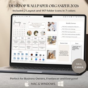 Desktop Organizer Wallpaper 2026 For Business, Weekplanner, Maandkalender, Mappictogram, Digitale plaknotities, Mac en Windows