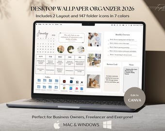 Desktop Organizer Wallpaper 2026 für Business, Wochenplaner, Monatskalender, Ordner-Symbol, digitale Sticky Notes, Mac & Windows
