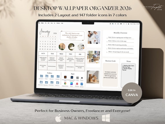 Desktop Organizer Wallpaper 2026 For Business, Weekly Schedule Planner, Monthly Calendar, Folder Icon, Digital Sticky Notes, Mac & Windows