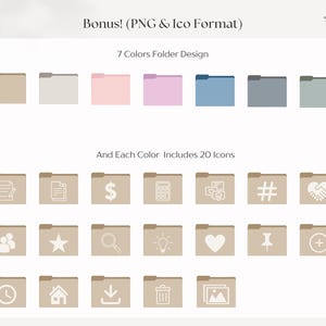 K&ouml;nnte beinhalten: Digitales Ordnerdesign mit sieben Farboptionen, jeweils mit 20 Symbolen. Die Ordner sind in Beige-, Grau-, Rosa-, Lila-, Blau-, T&uuml;rkis- und Gr&uuml;nt&ouml;nen gehalten. Symbole umfassen Dokumente, Geld und mehr. Der Text lautet "Bonus! (PNG & Ico Format)"