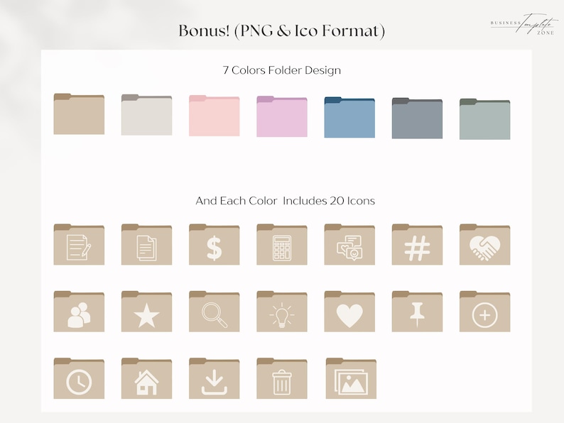 K&ouml;nnte beinhalten: Digitales Ordnerdesign mit sieben Farboptionen, jeweils mit 20 Symbolen. Die Ordner sind in Beige-, Grau-, Rosa-, Lila-, Blau-, T&uuml;rkis- und Gr&uuml;nt&ouml;nen gehalten. Symbole umfassen Dokumente, Geld und mehr. Der Text lautet "Bonus! (PNG & Ico Format)"