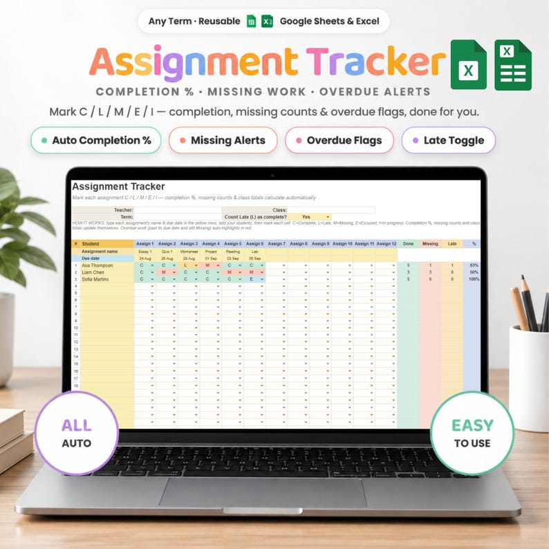 Assignment and homework tracker for Google Sheets and Excel: mark each assignment complete, late, missing, excused or in progress; completion %, missing counts and overdue alerts calculate automatically.