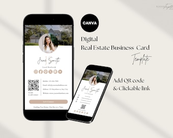 Mall för digitalt visitkort för fastighetsmäklare, mäklarkort med foto, QR-kod och klickbara länkar, mobil digital för marknadsföring, Canva