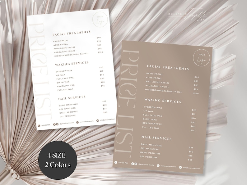 May include: Two price lists for beauty services, one on white paper and one on brown paper. The price lists are titled "Price List" and list services such as facials, waxing, and nail services with their corresponding prices.
