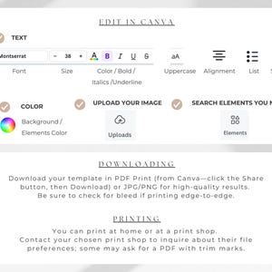 May include: A screenshot of a Canva template editor with instructions on how to download and print the template. The text says "Download your template in PDF Print (from Canva-click the Share button, then Download) or JPG/PNG for high-quality results. Be sure to check for bleed if printing edge-to-edge."