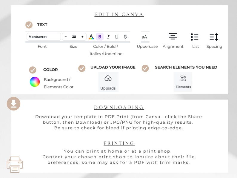 May include: A screenshot of a Canva template editor with instructions on how to download and print the template. The text says "Download your template in PDF Print (from Canva-click the Share button, then Download) or JPG/PNG for high-quality results. Be sure to check for bleed if printing edge-to-edge."