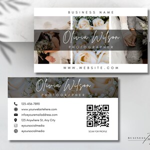 May include: A business card for a photographer named Olivia Wilson. The card features a white background with a black border and a collage of wedding photos. The card includes the photographer's name, website address, phone number, email address, and social media handles. The card also includes a QR code that can be scanned for more information.