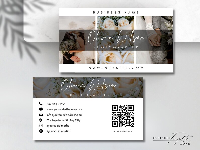 May include: A business card for a photographer named Olivia Wilson. The card features a white background with a black border and a collage of wedding photos. The card includes the photographer's name, website address, phone number, email address, and social media handles. The card also includes a QR code that can be scanned for more information.