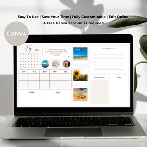K&ouml;nnte beinhalten: Ein Laptop mit einer digitalen Planervorlage mit einem Kalender f&uuml;r Juli 2026, einem Zitat und Abschnitten f&uuml;r Monats&uuml;bersicht, Gesch&auml;ftsziele und Notizen. Der Bildschirm zeigt auch Bilder von Strand, Blumen und Essen. Der Text lautet "Easy To Use | Save Your Time | Fully Customizable | Edit Online".