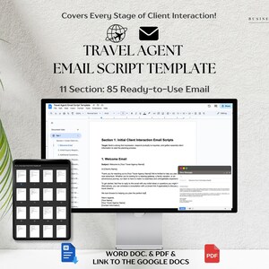 Może przedstawiać: Ekran komputera wyświetlający dokument zatytułowany "Szablon skryptu e-maila dla agentów podróży". Dokument zawiera 11 sekcji z 85 gotowymi do użycia skryptami e-maila. Ekran znajduje się na białym tle z zieloną rośliną w tle.
