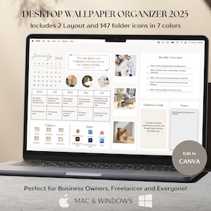 Sfondo Desktop Organizer 2025 per aziende, pianificatore di programma settimanale, calendario mensile, icona cartella, note adesive digitali, Mac e Windows