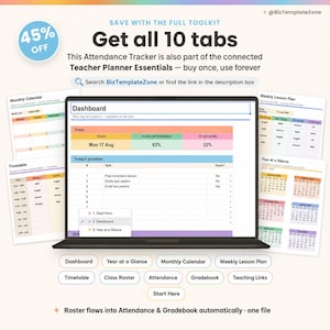 Puede incluir: Un planificador digital para docentes en la pantalla de una computadora port&aacute;til que muestra un panel con asistencia y listas de tareas. Alrededor hay p&aacute;ginas impresas de calendario mensual, plan de lecciones y horario. Diez botones etiquetados abajo.