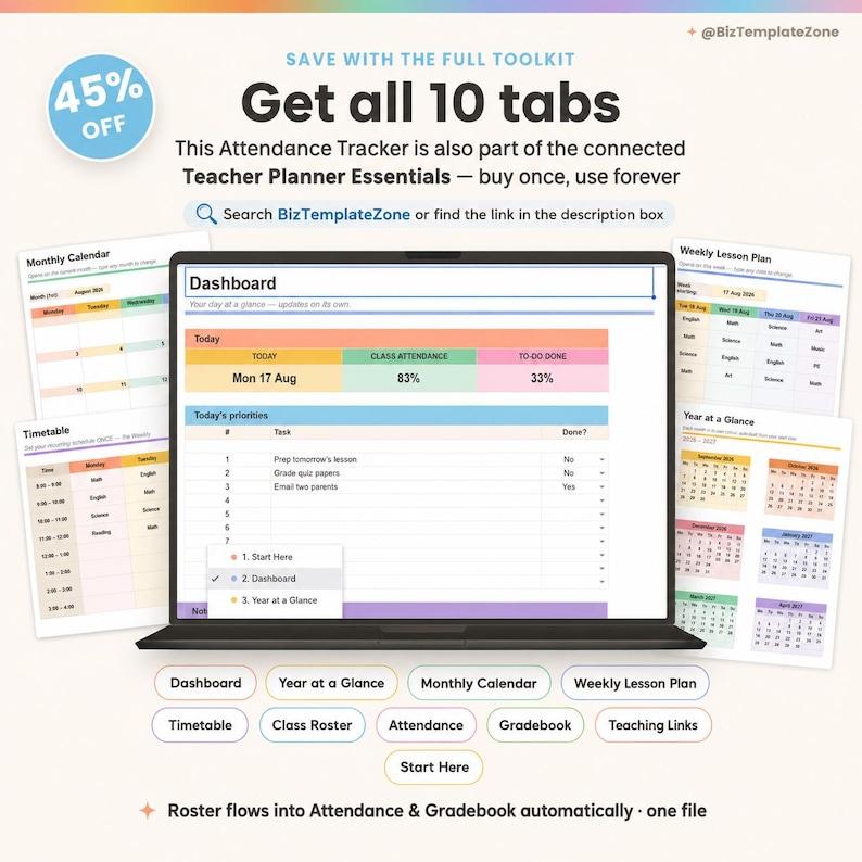 Puede incluir: Un planificador digital para docentes en la pantalla de una computadora port&aacute;til que muestra un panel con asistencia y listas de tareas. Alrededor hay p&aacute;ginas impresas de calendario mensual, plan de lecciones y horario. Diez botones etiquetados abajo.