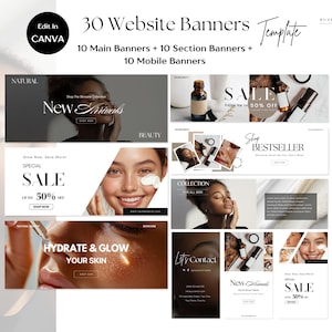 May include: A set of 30 website banners for a beauty brand. The banners feature images of women with makeup and skincare products, along with text that says "New Arrivals", "Special Sale", "Hydrate & Glow", "Shop Bestseller", "Collection for All Skin", "Let's Connect", and "Sale 50% Off".