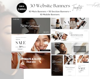 Skincare Website Banners Template Set For Skin Care Online Store Web Banner, Pre-made Shopify Wix Banners, Beauty Branding, Makeup, Canva
