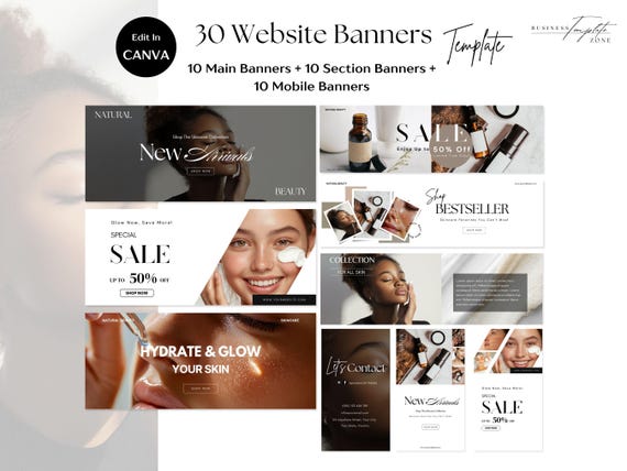 Skincare Website Banners Template Set For Skin Care Online Store Web Banner, Pre-made Shopify Wix Banners, Beauty Branding, Makeup, Canva