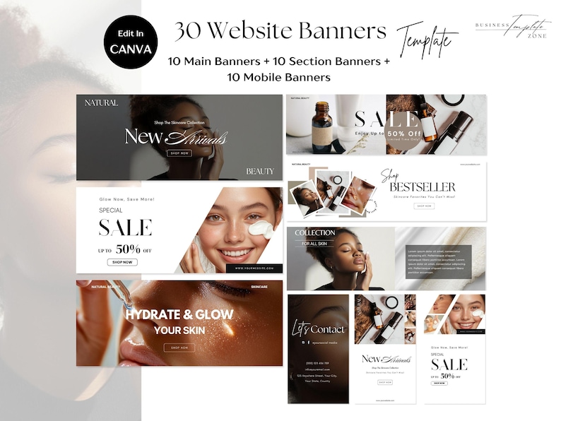 Skincare Website Banners Template Set For Skin Care Online Store Web Banner, Pre-made Shopify Wix Banners, Beauty Branding, Makeup, Canva