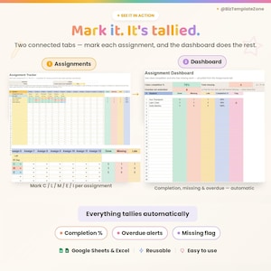 Two connected tabs: mark assignments on the grid and the dashboard tallies class completion, missing work and overdue-not-submitted automatically.