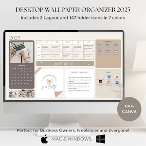 Sfondo desktop organizer 2025 per aziende, pianificatore di programma settimanale, calendario mensile, icona cartella, note adesive digitali, Mac e Windows
