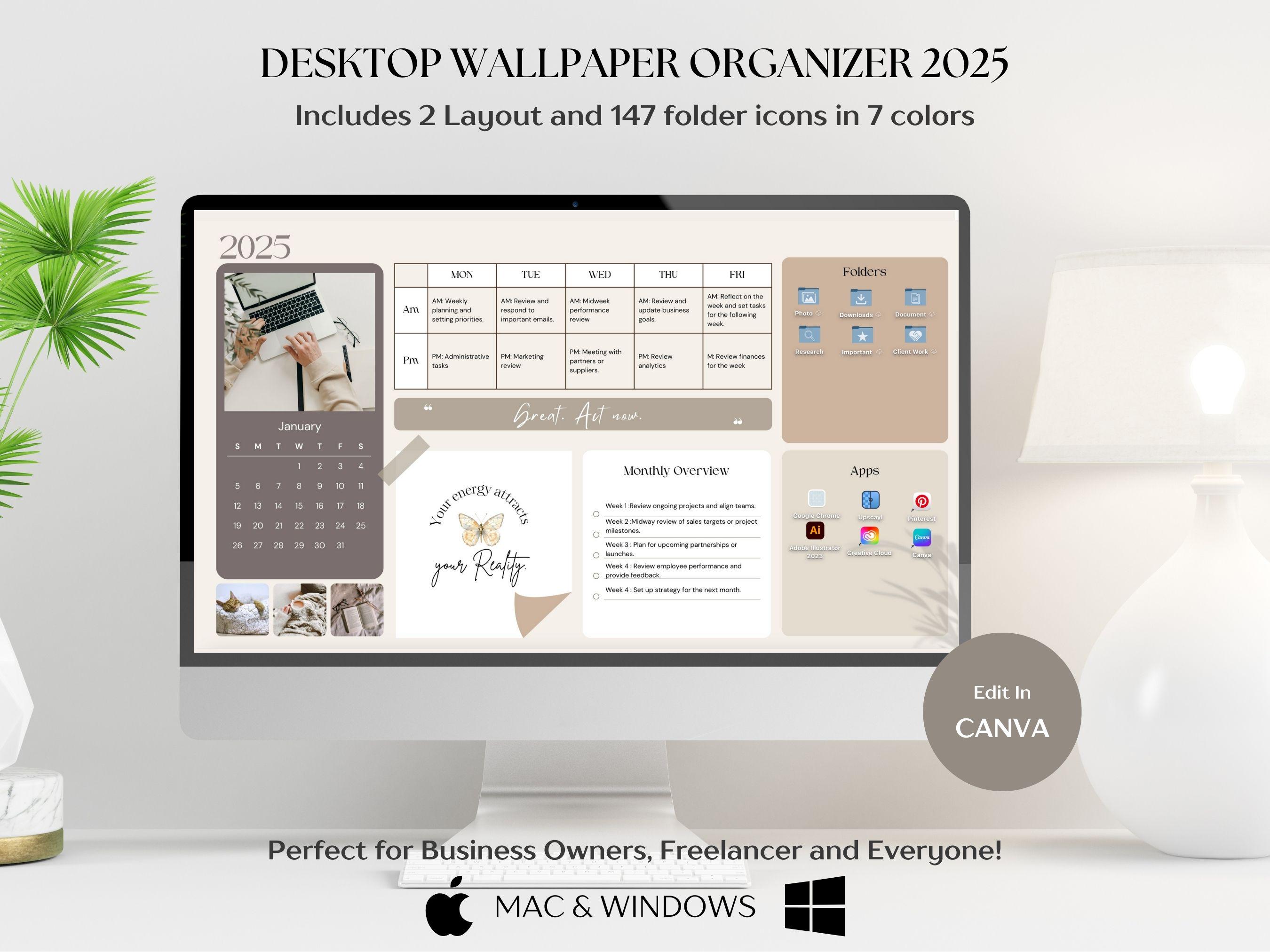 2025 Desktop Organizer Wallpaper For Business, Weekly Schedule Planner, Monthly Calendar, Folder Icon, Digital Sticky Notes, Mac & Windows