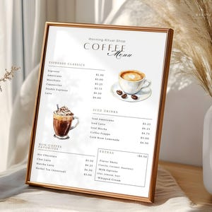Plantilla de menú de café, lista de precios de cafetería editable, letrero de menú de bebidas, lista de espresso, tablero de cafetería, bares de restaurantes, A4, A5, carta de EE. UU., 5 x 7
