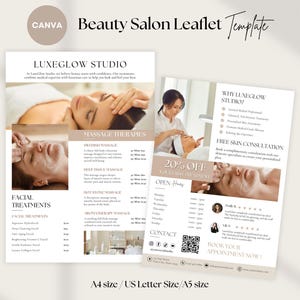 2-Page Esthetician Leaflet Template, Skincare Services Price List Menu, Facial Spa Massage Treatment Marketing, Printable Beauty Salon Flyer