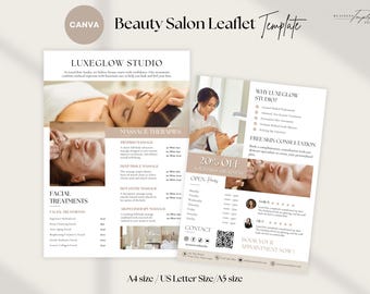 2-Page Esthetician Leaflet Template, Skincare Services Price List Menu, Facial Spa Massage Treatment Marketing, Printable Beauty Salon Flyer
