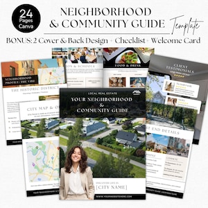 May include: A template for a neighborhood and community guide, with the text "24 Pages Canva". The design includes a cover, checklist, and welcome card. The guide features local real estate information and city maps.