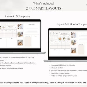 K&ouml;nnte beinhalten: Zwei Laptop-Bildschirme mit Layouts f&uuml;r digitale Planer. Der Text lautet "What's included: 2 PRE-MADE LAYOUTS." Layout 1 zeigt eine Wochenansicht, und Layout 2 zeigt einen Monatskalender. Enth&auml;lt Abschnitte f&uuml;r Zeitplan, Ziele, Notizen und Inspirationsbilder. Verf&uuml;gbar in 3 Gr&ouml;&szlig;en.