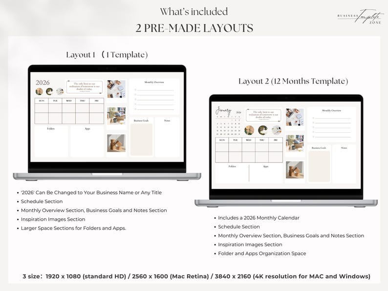 K&ouml;nnte beinhalten: Zwei Laptop-Bildschirme mit Layouts f&uuml;r digitale Planer. Der Text lautet "What's included: 2 PRE-MADE LAYOUTS." Layout 1 zeigt eine Wochenansicht, und Layout 2 zeigt einen Monatskalender. Enth&auml;lt Abschnitte f&uuml;r Zeitplan, Ziele, Notizen und Inspirationsbilder. Verf&uuml;gbar in 3 Gr&ouml;&szlig;en.