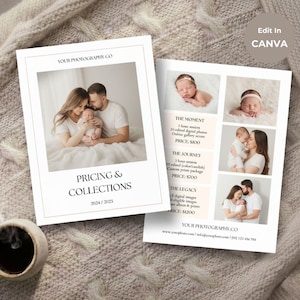 Puede incluir: Folleto de dos páginas con fotos familiares y detalles de precios. El folleto presenta imágenes de un recién nacido con sus padres. El texto incluye "Pricing & Collections 2024/2025" y "Edit in Canva."