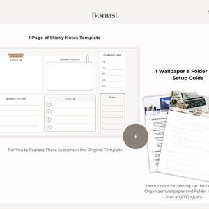 K&ouml;nnte beinhalten: Digitales Planervorlage mit einer Haftnotizseite, Monats&uuml;bersicht, To-Do-Liste und Business-Guide. Enth&auml;lt eine Anleitung zur Einrichtung von Hintergrundbildern und Ordnersymbolen f&uuml;r Mac und Windows. Ideal f&uuml;r die Desktop-Organisation.