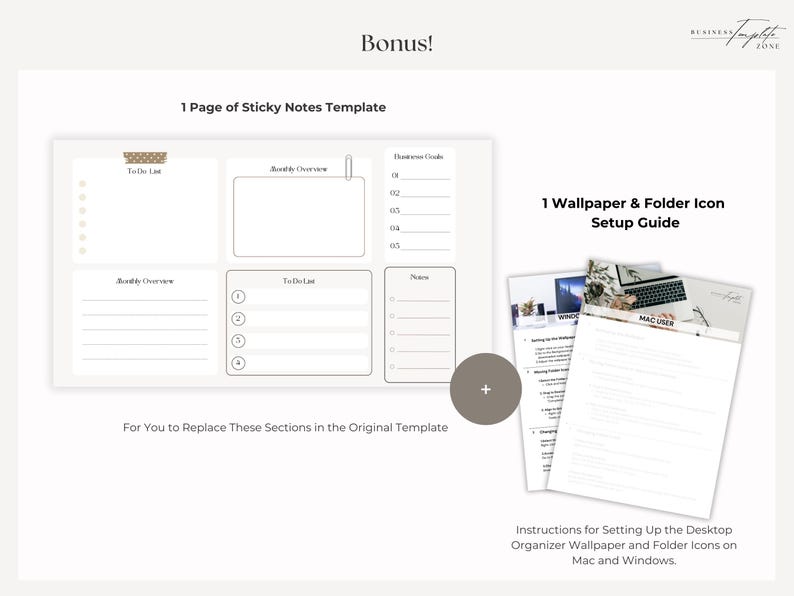 K&ouml;nnte beinhalten: Digitales Planervorlage mit einer Haftnotizseite, Monats&uuml;bersicht, To-Do-Liste und Business-Guide. Enth&auml;lt eine Anleitung zur Einrichtung von Hintergrundbildern und Ordnersymbolen f&uuml;r Mac und Windows. Ideal f&uuml;r die Desktop-Organisation.