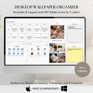Puede incluir: Una pantalla de ordenador que muestra un organizador de fondo de pantalla de escritorio con secciones de horario, lista de tareas y notas. El diseño incluye 8 diseños y 147 iconos de carpeta en 7 colores. El texto en la pantalla dice "Desktop Wallpaper Organizer".