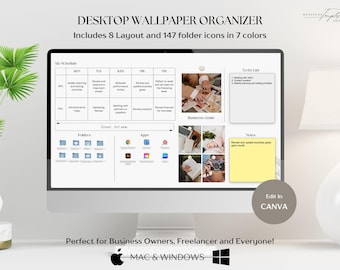 Desktop Orgainzer Wallpaper Planer | Wöchentlicher Geschäftsaufgaben- und Studienplan | Sticky Notizen, Ordner Icons | Produktionswerkzeug Mac & Windows