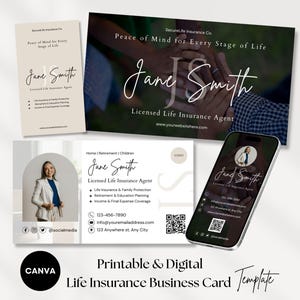 Può includere: Un modello di biglietto da visita per l'assicurazione sulla vita con foto, dettagli di contatto e nome dell'agente. Il design include un mockup del telefono e il testo "Modello di biglietto da visita per l'assicurazione sulla vita stampabile e digitale."