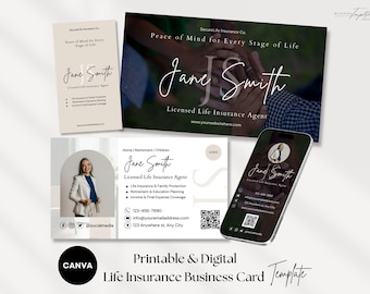 Modello di biglietto da visita per assicurazione sulla vita, agente assicurativo con foto, design Canva modificabile su due lati, digitale mobile, codice QR per il marketing