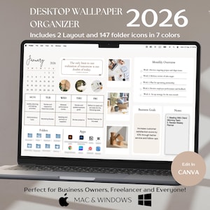 K&ouml;nnte beinhalten: Ein Laptop mit einem Desktop-Wallpaper-Organizer f&uuml;r 2026. Der Bildschirm zeigt einen Kalender, eine monatliche &Uuml;bersicht, Gesch&auml;ftsziele und Notizen. Das Design umfasst 2 Layouts und 147 Ordnersymbole in 7 Farben. Der Text lautet: "Perfekt f&uuml;r Gesch&auml;ftsinhaber, Freiberufler und alle!"