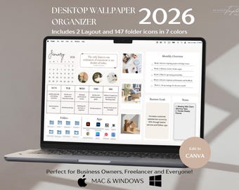 Desktop Organizer Wallpaper 2026 For Business, Weekly Schedule Planner, Monthly Calendar, Folder Icon, Digital Sticky Notes, Mac & Windows